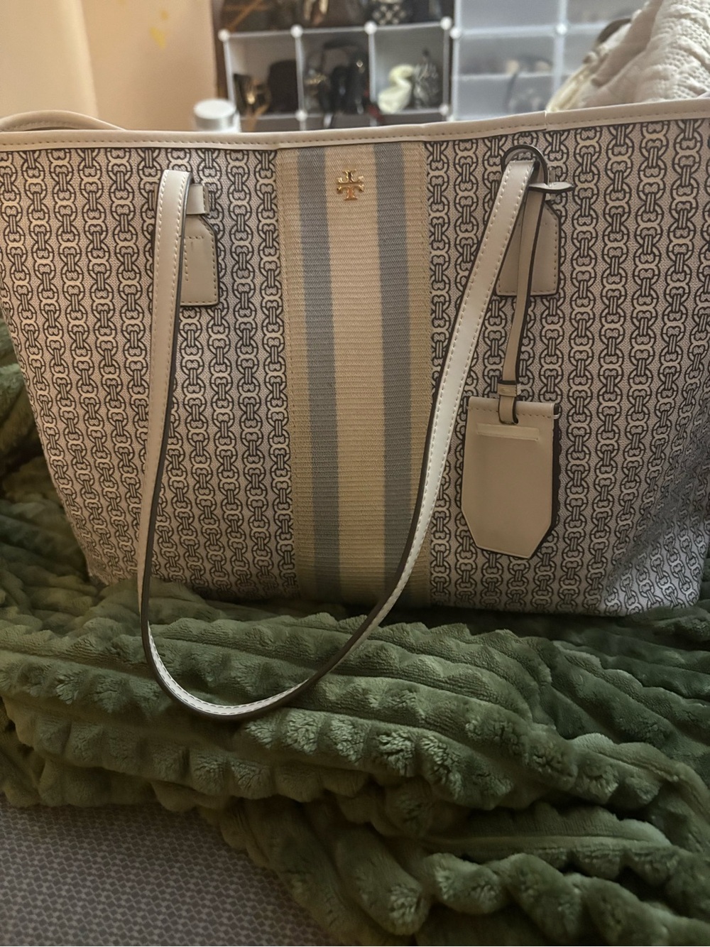 Tory Burch Beige and Light Blue Signature Stripe Tote